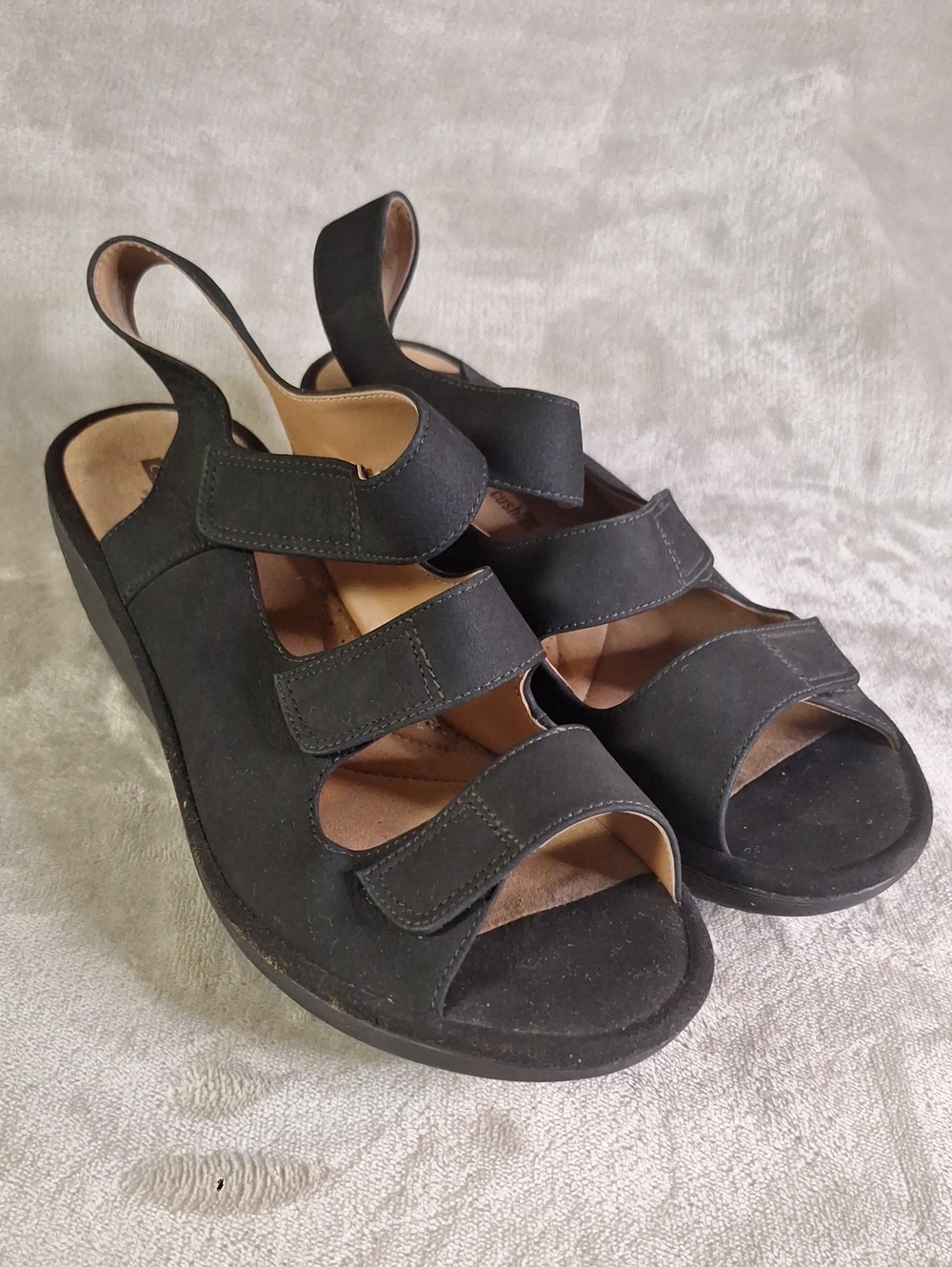 Clarks Black Triple-Strap Wedge Slingback Sandals